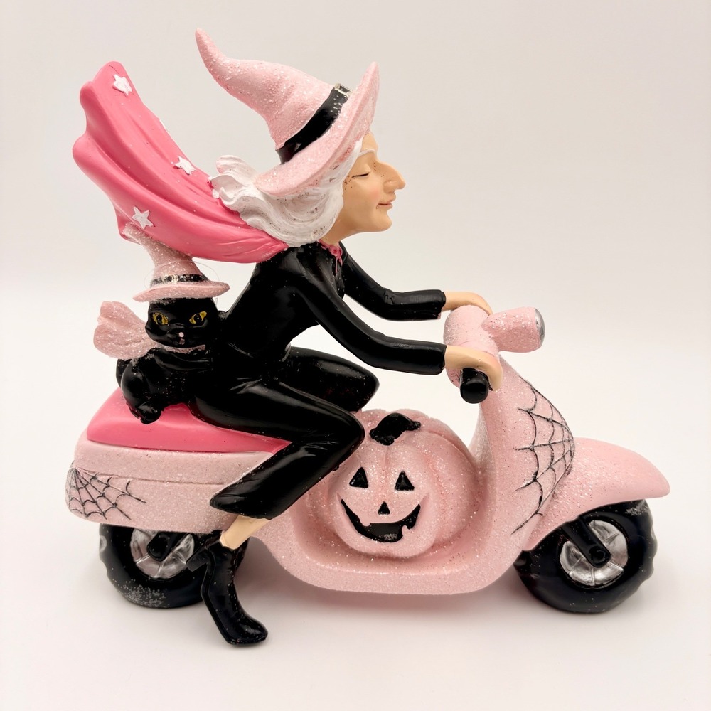 Charmed Pink Witch on Scooter Halloween Figurine with Black Cat and Pumpkin